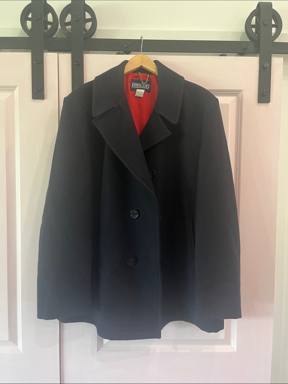 Lands' End Navy Pea Coat with Red Lining